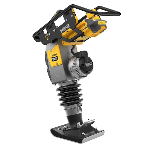 DEWALT cordless compactor with handle and battery, gray and yellow, shown isolated on white background.