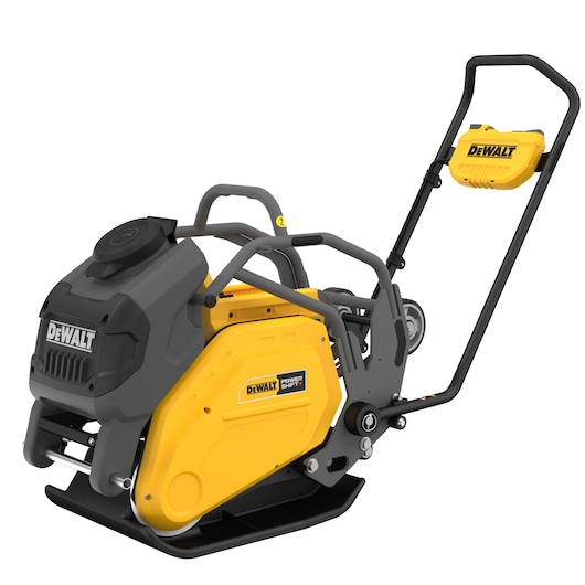 DEWALT plate compactor with yellow and black housing and handle, designed for construction site soil compaction.