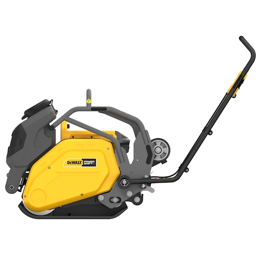 DEWALT yellow and black power tool with wheeled base and handle, shown from the side against a white background.