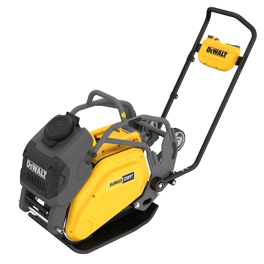 DEWALT yellow and black plate compactor with handle and wheels, used for compacting surfaces.
