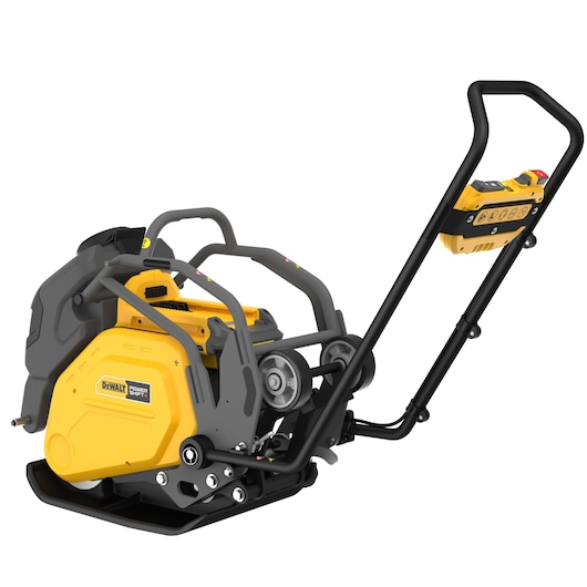 DEWALT compactor with handle and control panel, yellow and black, used for surface leveling.