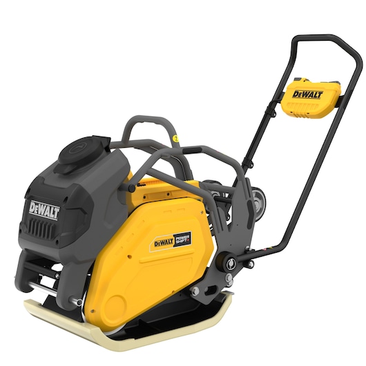 DEWALT yellow and black plate compactor with handle, used for compressing soil in construction.