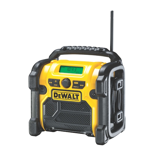 A DEWALT portable jobsite radio featuring a yellow and black rugged design, digital display, control buttons, handle on top, and an antenna.