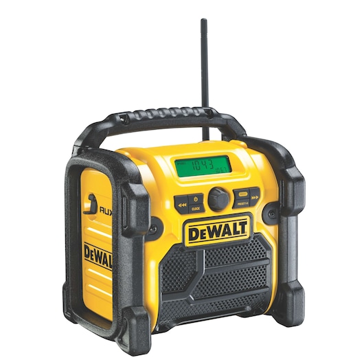 DEWALT portable yellow jobsite radio with handle, display, buttons, and protective black frame.