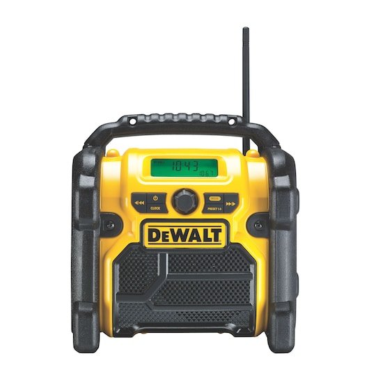 Front view of a DEWALT portable radio with handle, display screen, buttons, and antenna.