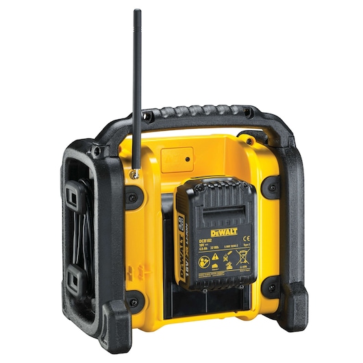 DEWALT DCR019 portable radio with antenna and battery pack, rugged design, shown from the back.