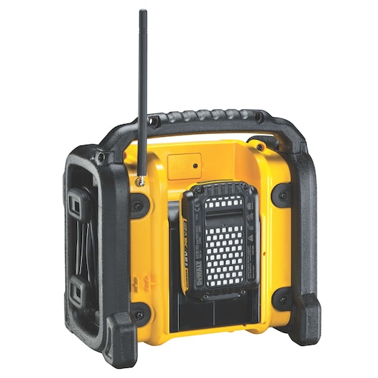 DEWALT portable radio with antenna and handle, yellow and black, shown from rear with battery compartment.