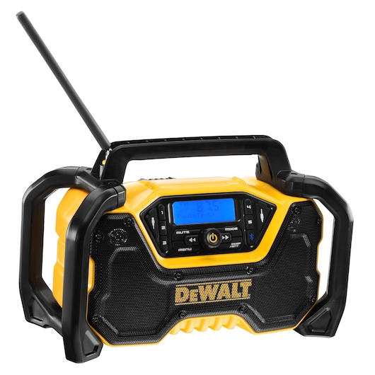 DEWALT radio with SKUs DCR029, DCZ1201P3-XE; yellow and black rugged design with antenna and display.