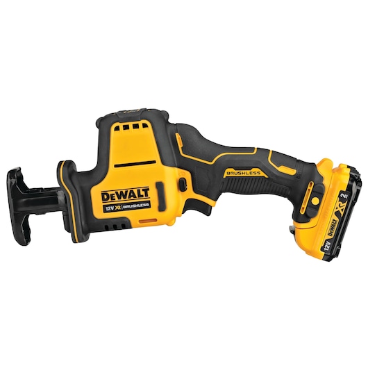 DEWALT 12V brushless cordless reciprocating saw with black and yellow body and battery attached.