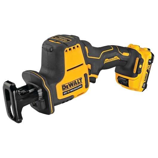 DEWALT DCS312D2 12V cordless brushless reciprocating saw, yellow and black, with battery attached.