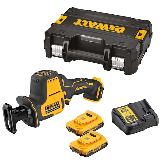 DEWALT cordless saw kit with tool, two batteries, charger, and black carrying case.