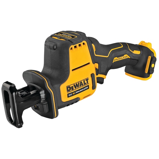 DEWALT 12V brushless reciprocating saw, cordless, yellow and black, shown without a blade or battery.