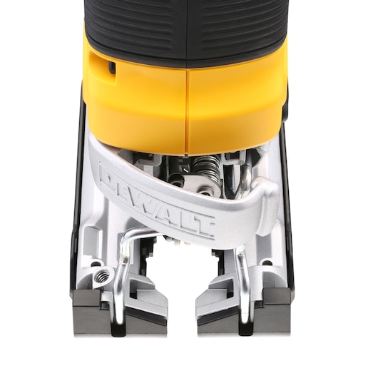Close-up of DEWALT DCS334NT jigsaw base showing metal plate and brand, photography product category.