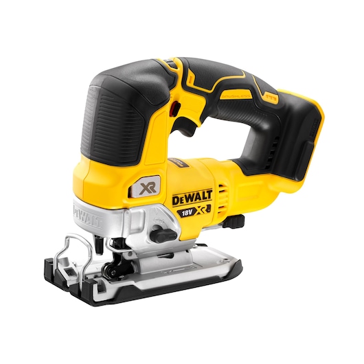 DEWALT DCS334N 18V cordless yellow and black jigsaw tool with ergonomic handle on a white background.