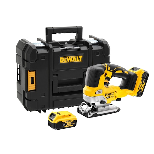 DEWALT cordless jigsaw kit with battery and carrying case, black and yellow design, model DCS334P2.