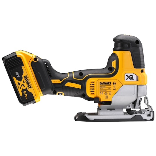 DEWALT DCS335P2 18V cordless jigsaw with XR 5.0Ah battery, black and yellow, side view on white.