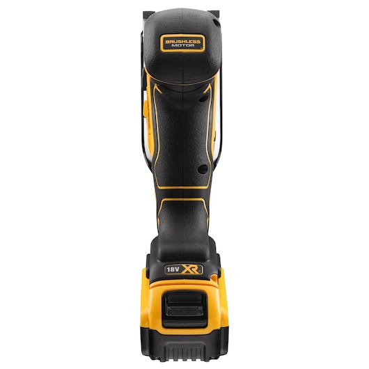 Front view of a DEWALT DCS335P2 cordless jigsaw with brushless motor and 18V XR battery.