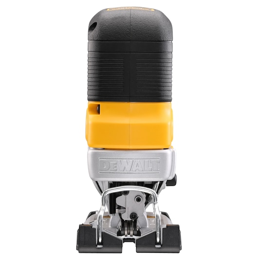 Front view of a DEWALT cordless jigsaw, black and yellow, with metal base and visible logo.