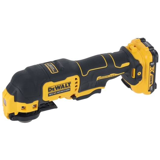 DEWALT 12V cordless oscillating tool with brushless motor and battery, shown in yellow and black.