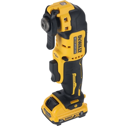 DEWALT cordless oscillating multi-tool, yellow and black, brushless, 12V battery, standing upright.