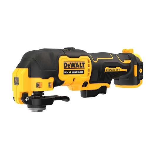 DEWALT 12V XR brushless oscillating tool, yellow and black, shown on white background.