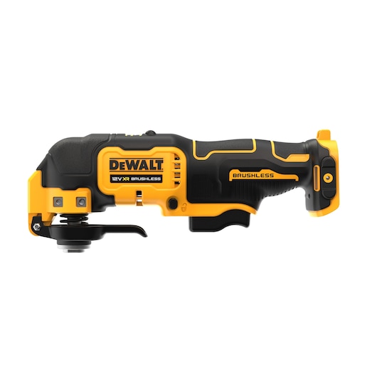 DEWALT 12V XR brushless oscillating multi-tool, yellow and black, side view, for cutting and sanding tasks.