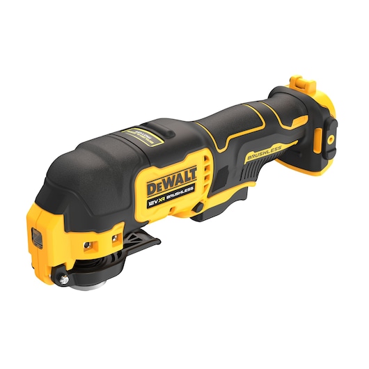 DEWALT 12V XR brushless oscillating multi-tool in black and yellow, shown without battery attached.