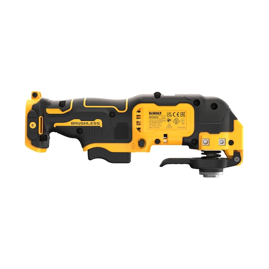 DEWALT DCS353NT cordless oscillating multi-tool in black and yellow, side view, tool only, no battery.
