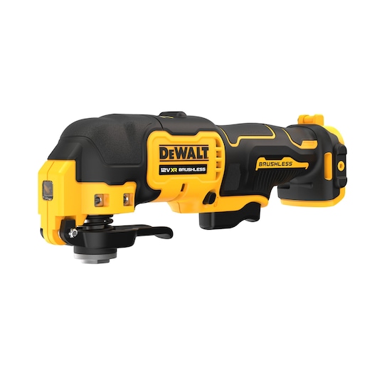 DEWALT 12V XR brushless oscillating multi-tool in yellow and black, shown from the side on a white background.