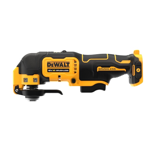 DEWALT DCS353N 12V XR brushless multitool, yellow and black, side view on white background.