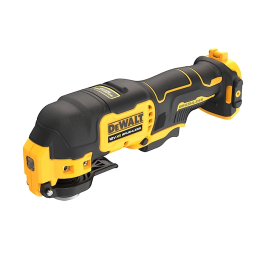 Cordless DEWALT oscillating multi-tool, brushless, black and yellow, shown on a white background.