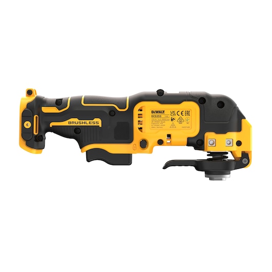 DEWALT DCS353N cordless oscillating multi-tool in yellow and black, shown from the side.
