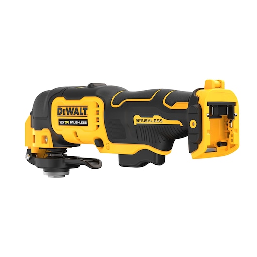 DEWALT 12V XR brushless cordless oscillating multi-tool in yellow and black, side view.