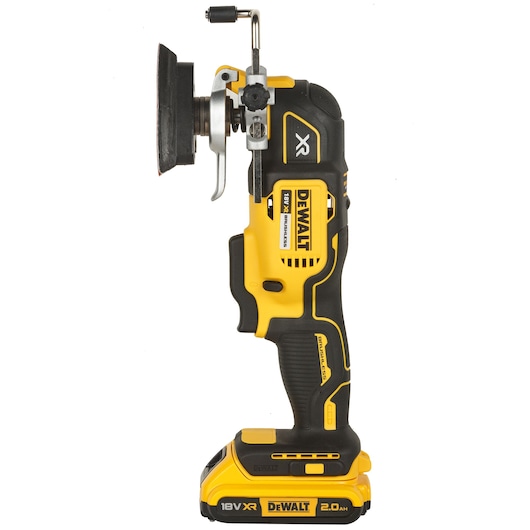 DEWALT DCS355D2 18V XR cordless oscillating multi-tool shown upright on white background.