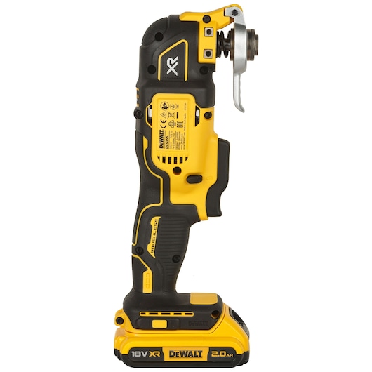 DeWalt DCS355D2 cordless oscillating multi-tool, yellow and black, shown upright with battery attached.