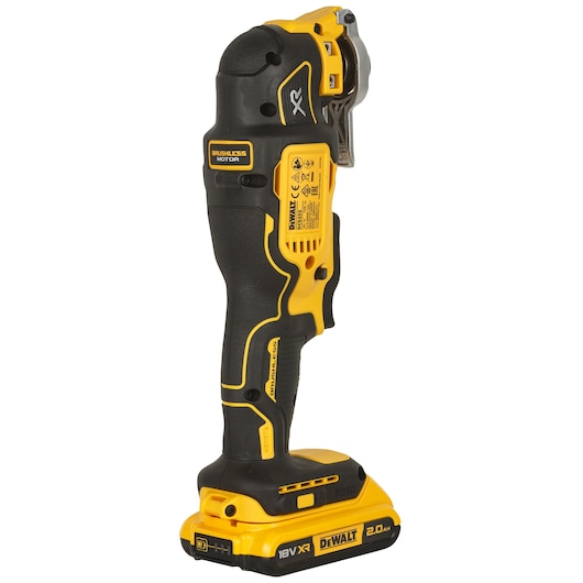 DEWALT DCS355D2 cordless oscillating tool with brushless motor and 18V XR battery, shown upright.