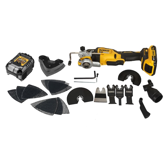 A DEWALT DCS355D2 cordless oscillating multi-tool kit displayed with its various accessories, including a battery pack, sanding pads, multiple blades, and attachments arranged on a white background.
