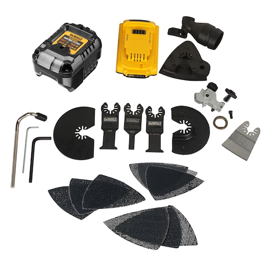 A collection of DEWALT branded accessories and attachments for a power tool, including sanding pads, blades, a battery charger, and various tool attachments, arranged on a white background.
