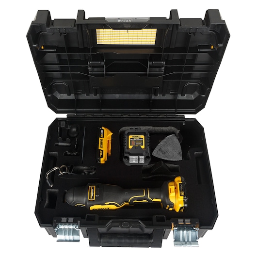 Top view of a DEWALT DCS355D2 multi-tool kit in a black case, showing a cordless oscillating tool, two batteries, charger, accessories, and tool compartments.
