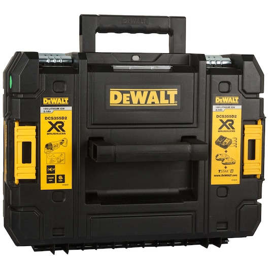 DEWALT DCS355D2 black and yellow tool case with handle and XR Brushless branding.
