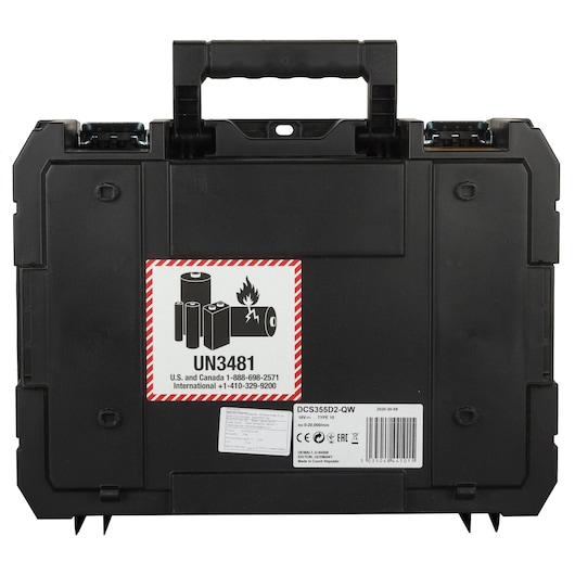 Black DEWALT tool case with handle and battery warning label, model DCS355D2 visible on the front.
