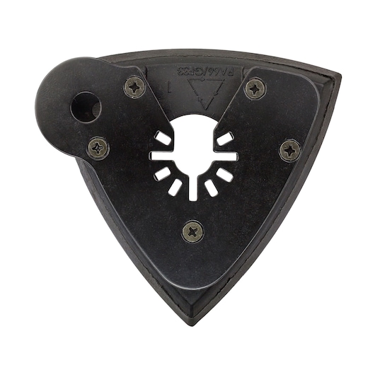 Black triangular DEWALT multitool accessory base with screw fittings and central mounting slot.