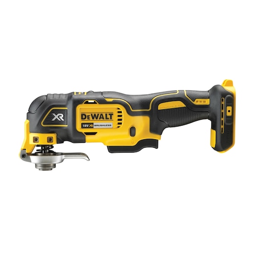DEWALT cordless oscillating multi-tool, yellow and black, side view, brushless model, no battery attached.