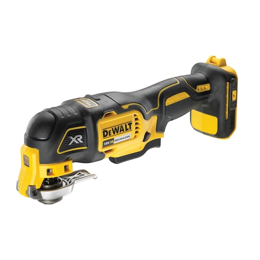 DEWALT cordless oscillating multi-tool, yellow and black, shown with XR and brushless features.