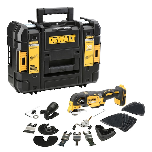 DEWALT DCS355NT oscillating multi-tool kit, including a black and yellow carrying case, cordless multi-tool, multiple attachments and blades, sanding pads, and accessories arranged in front of the case.