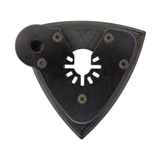 Black triangular DEWALT multitool accessory base with screw fittings and central mounting slot.