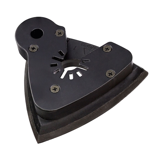 Black triangular sanding pad accessory for DEWALT oscillating tool, shown isolated on a white background.