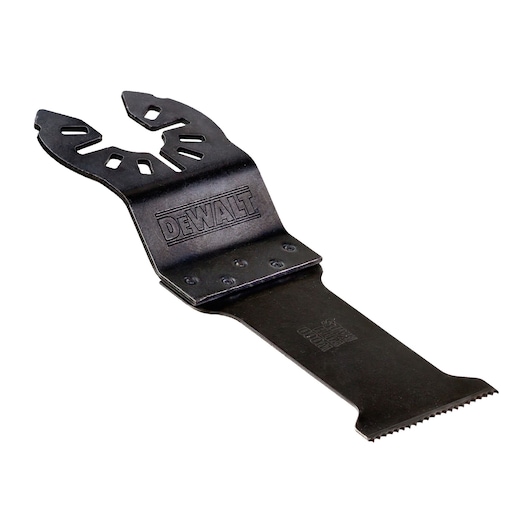 DEWALT oscillating tool blade accessory with serrated edge and mounting holes, shown on white background.