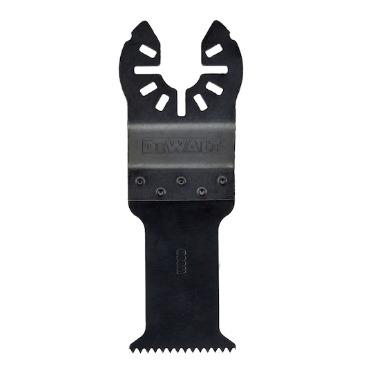 DEWALT oscillating multi-tool blade for wood cutting, black metal with toothed edge and brand name engraved.