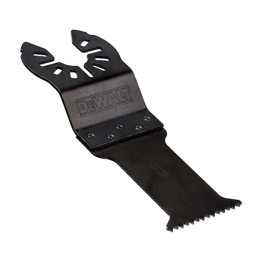 DEWALT oscillating multi-tool blade, black metal with teeth, compatible with DCS355NT. Close-up product photo.